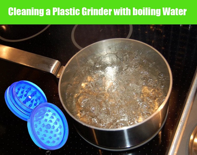 A plastic weed grinder and a pot of boiling water