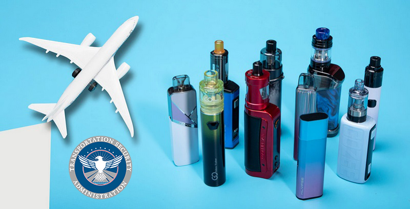 Different vape pens, TSA logo and a plane
