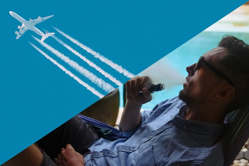 A young man vaping and a plane flying