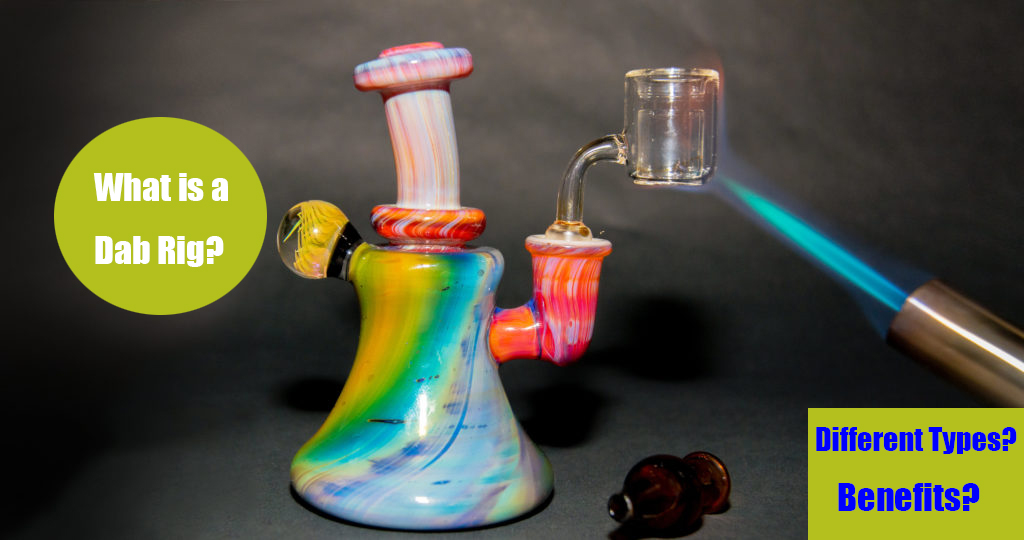 A colorful glass dab rig with torch heating the banger
