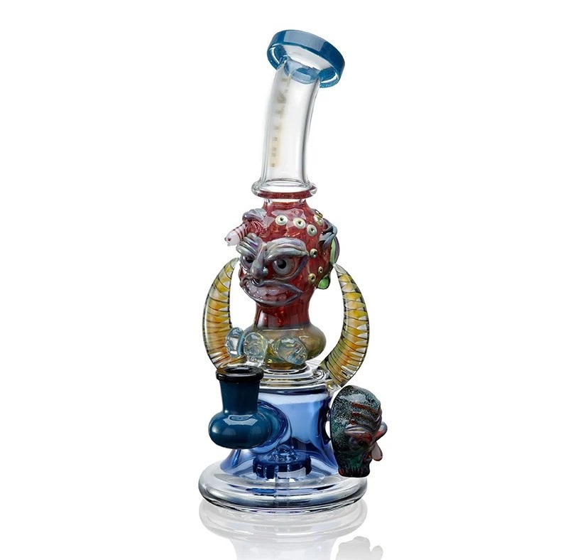 a blue and red dab rig by LOOKAH with a monster head design 