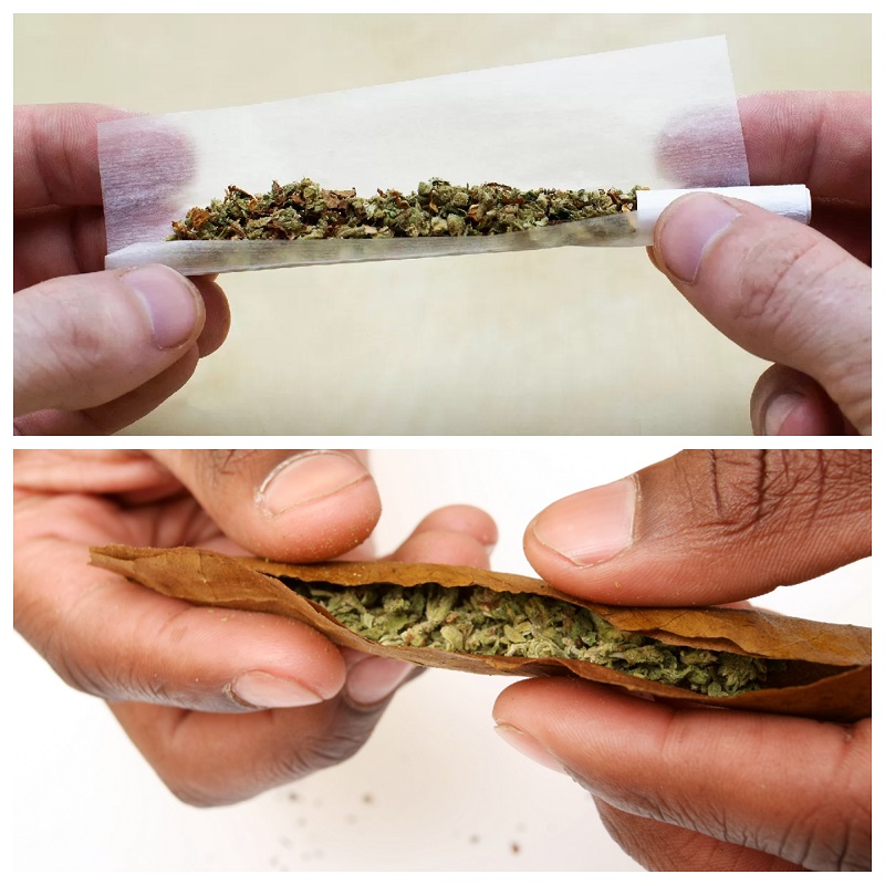 The top half shows a joint paper with weed being held, and the lower half shows a blunt wrap with weed being rolled into a blunt