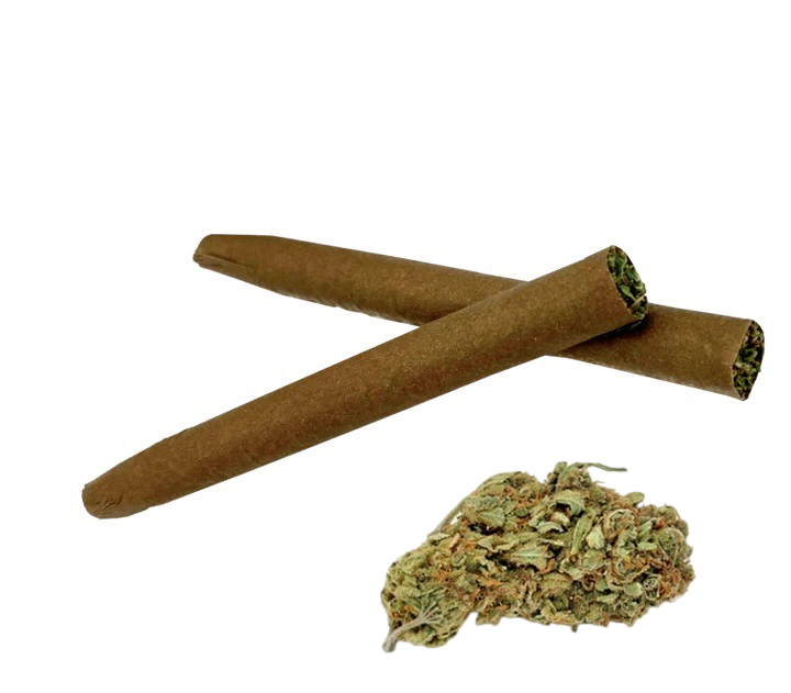 Two blunts with some dried cannabis flower next to them 