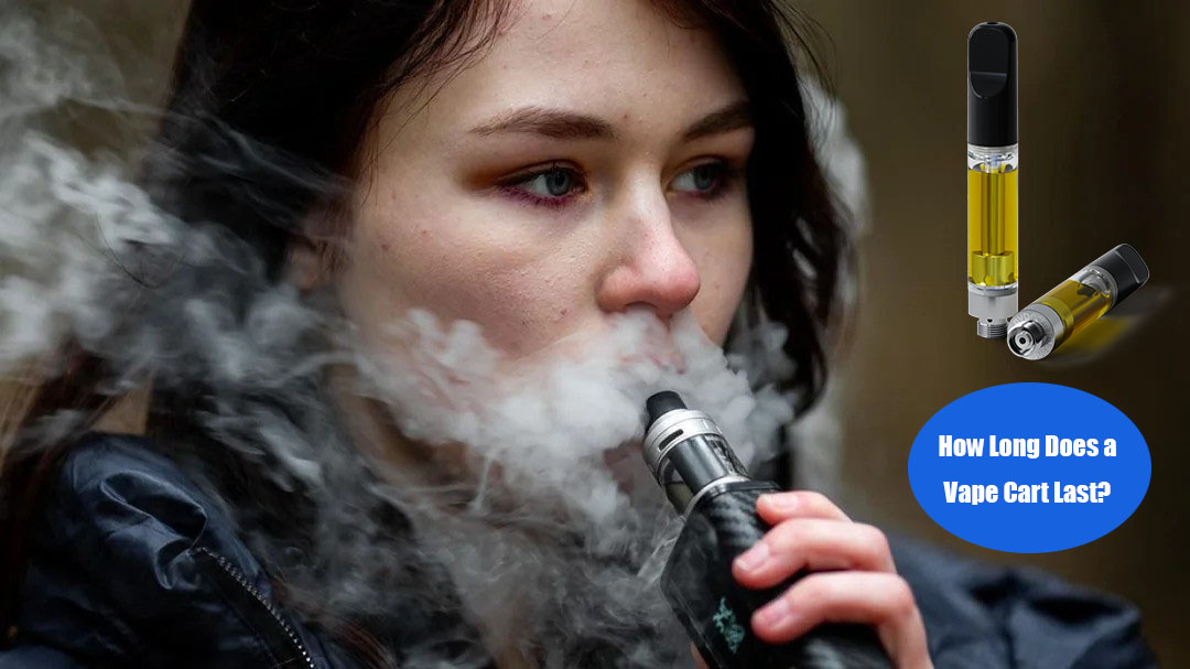 a woman vaping and a picture of two vape carts. 