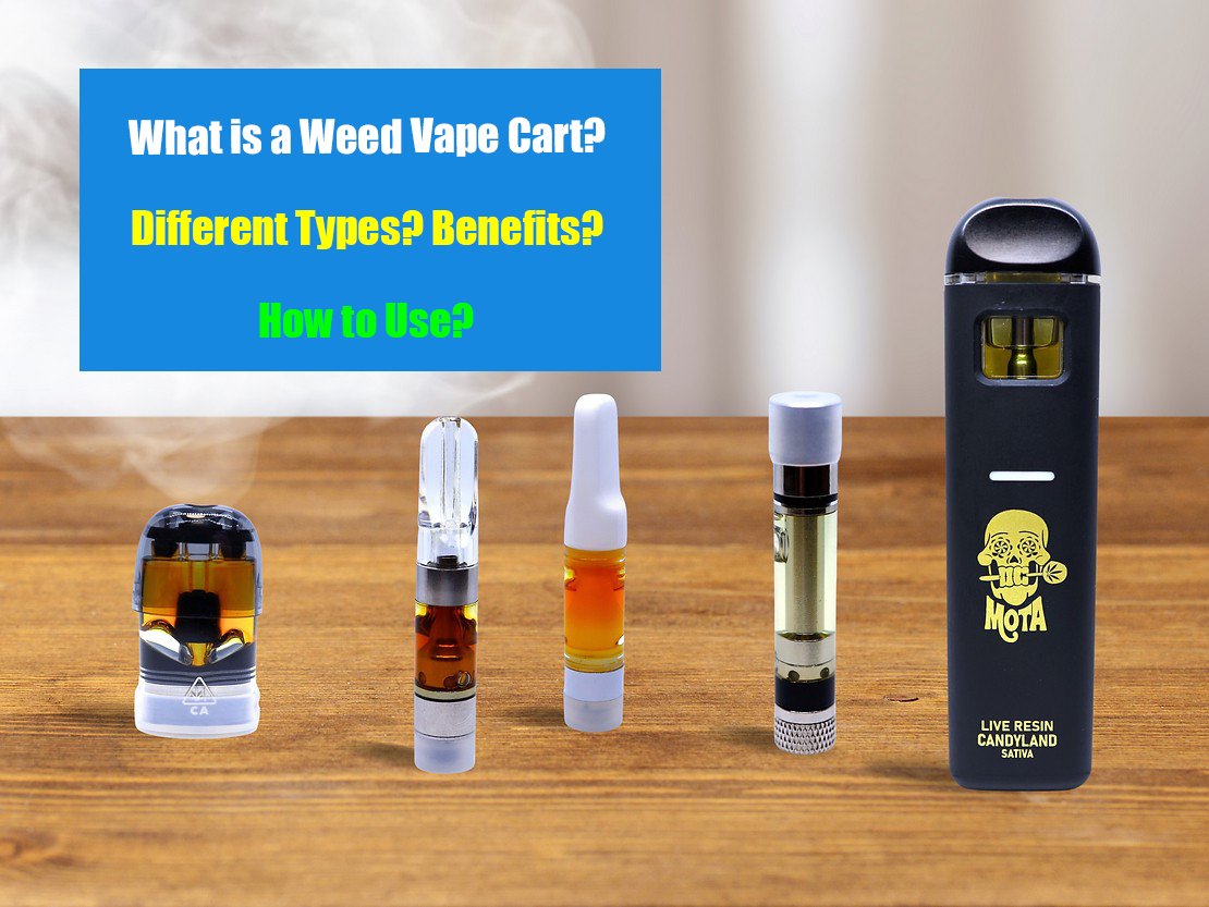 Five different types of vape oil cartridges stood on a table