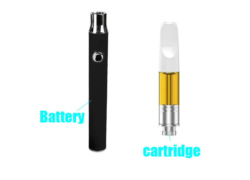 A picture of a vape battery and a vape cartridged with each labeled.