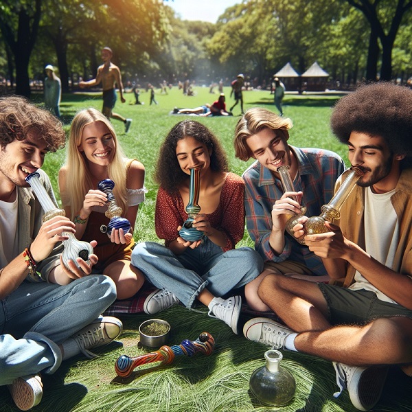 A group of people sharing glass bong