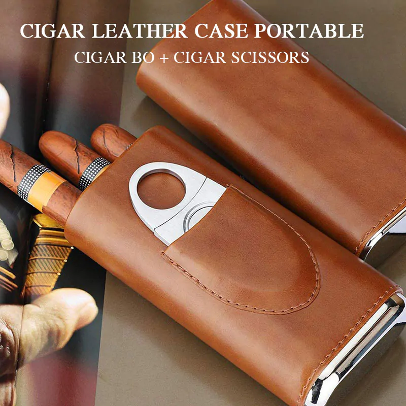 Leather Travel Wallet Stainless Steel Tube Cigar Case Flask Card Holder Cutter